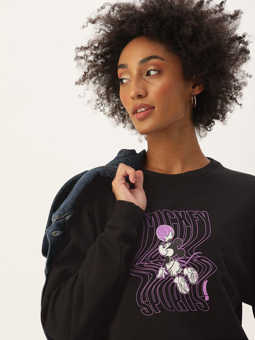 kook n keech disney women black graphic printed pure cotton sweatshirt