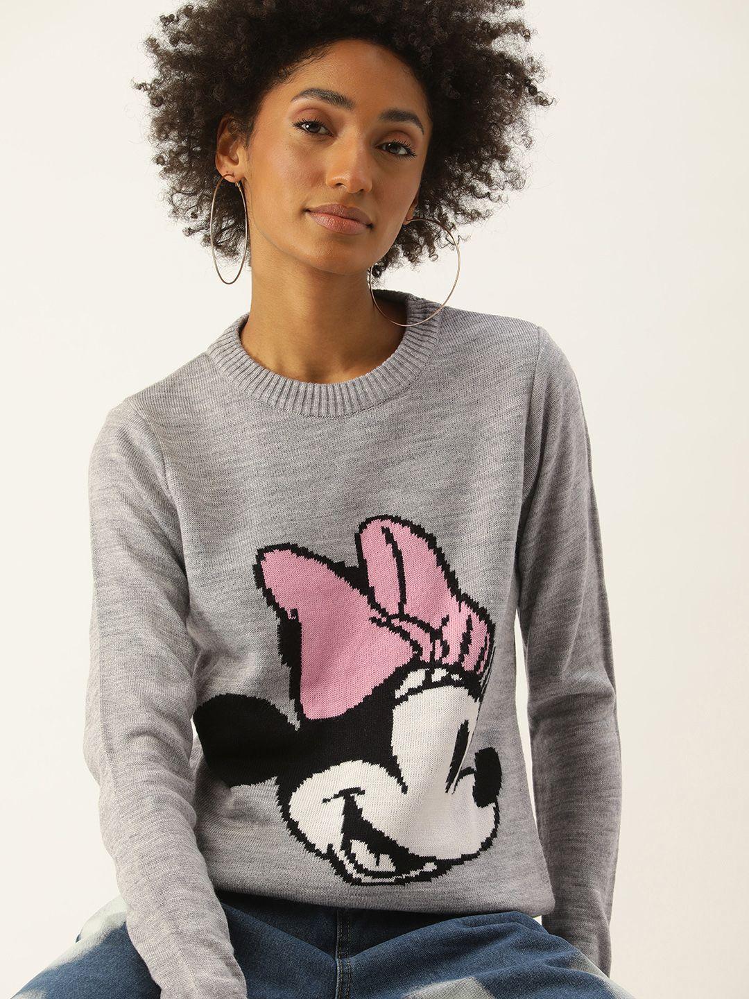 kook n keech disney women grey & black minnie mouse printed pullover sweater