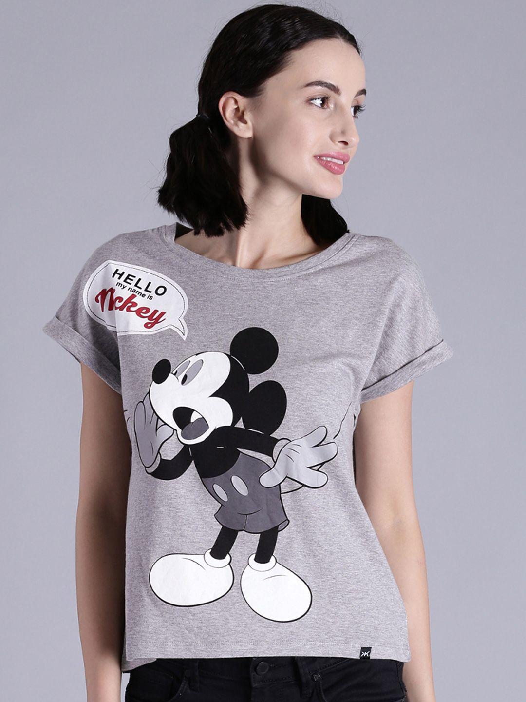 kook n keech disney women grey melange printed round neck pure cotton t-shirt