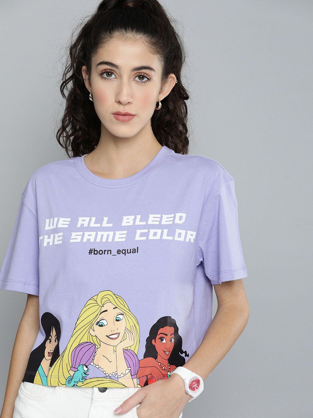 kook n keech disney women lavender printed round neck crop boxy t-shirt