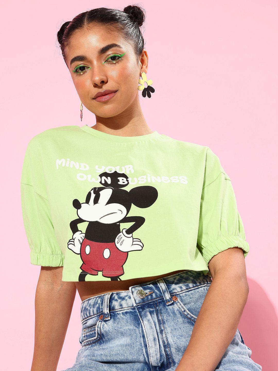 kook n keech disney women lime green mickey mouse pure cotton poster graphics t-shirt