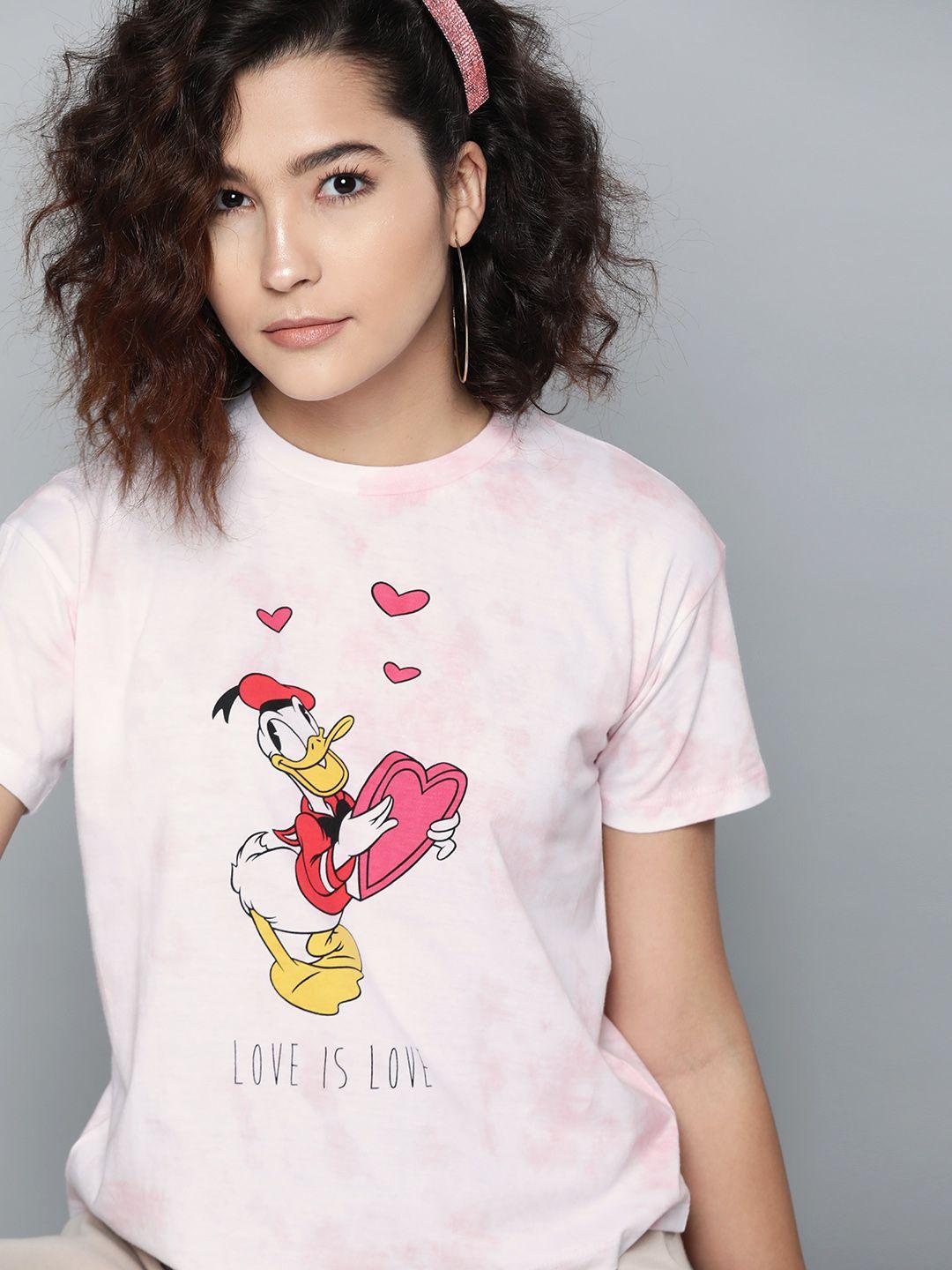 kook n keech disney women white  pink dyed donald duck print pure cotton t-shirt