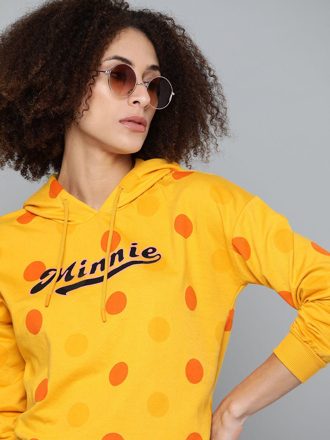 kook n keech disney women yellow & orange minnie print hooded sweatshirt