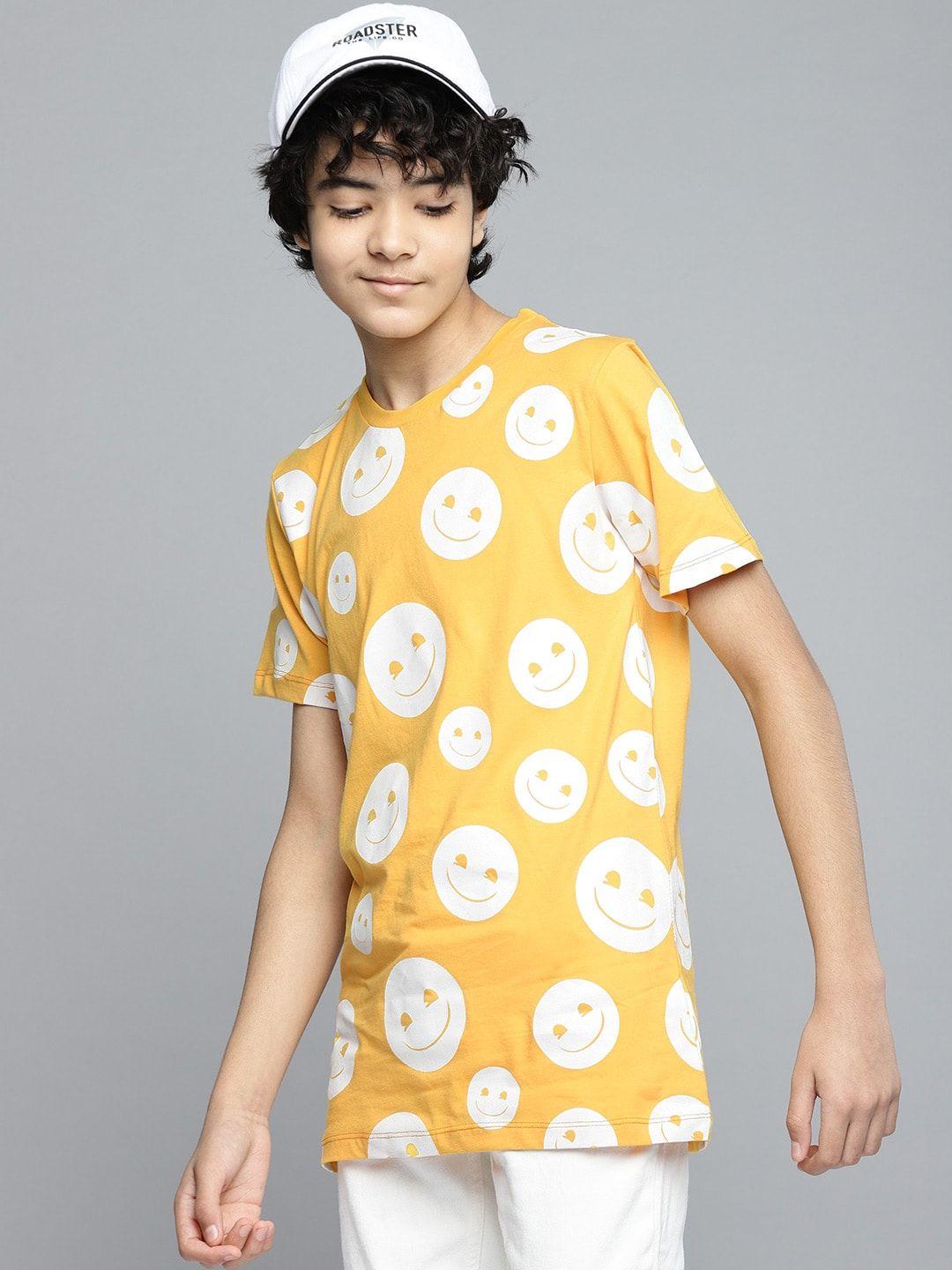 kook n keech emoji teens boys mustard yellow & white conversational print cotton t-shirt