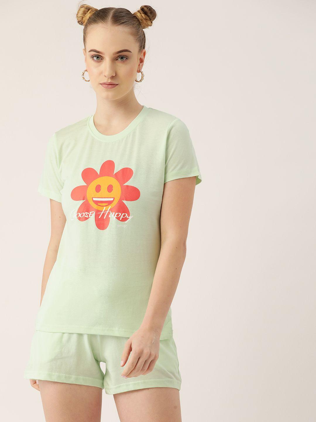 kook n keech emoji women green pure cotton printed t-shirt & shorts