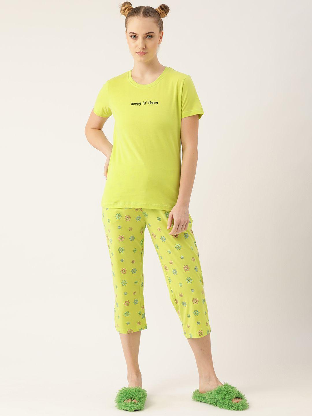 kook n keech emoji women lime green pure cotton printed t-shirt & capris set