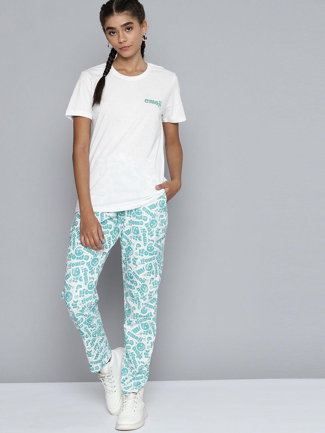 kook n keech emoji women white & sea green printed co-ords set