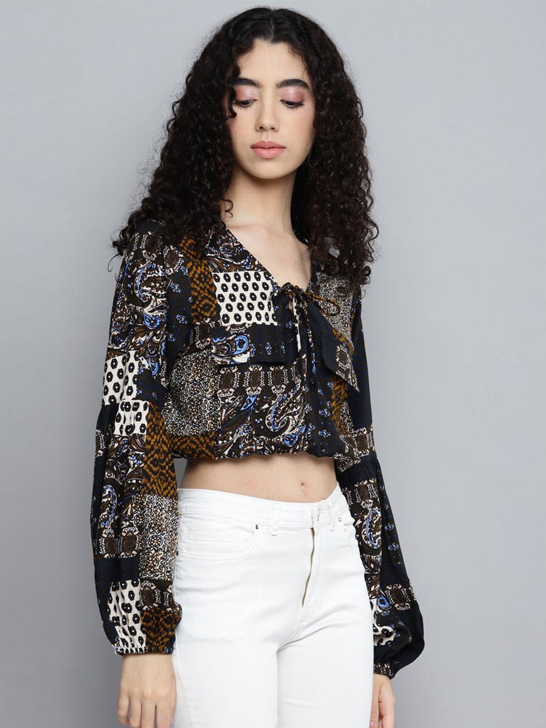 kook n keech ethnic motifs printed puff sleeves blouson crop top