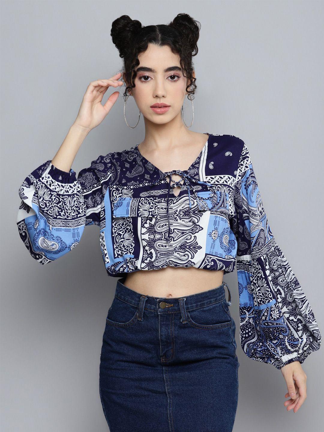 kook n keech ethnic motifs printed puff sleeves blouson crop top