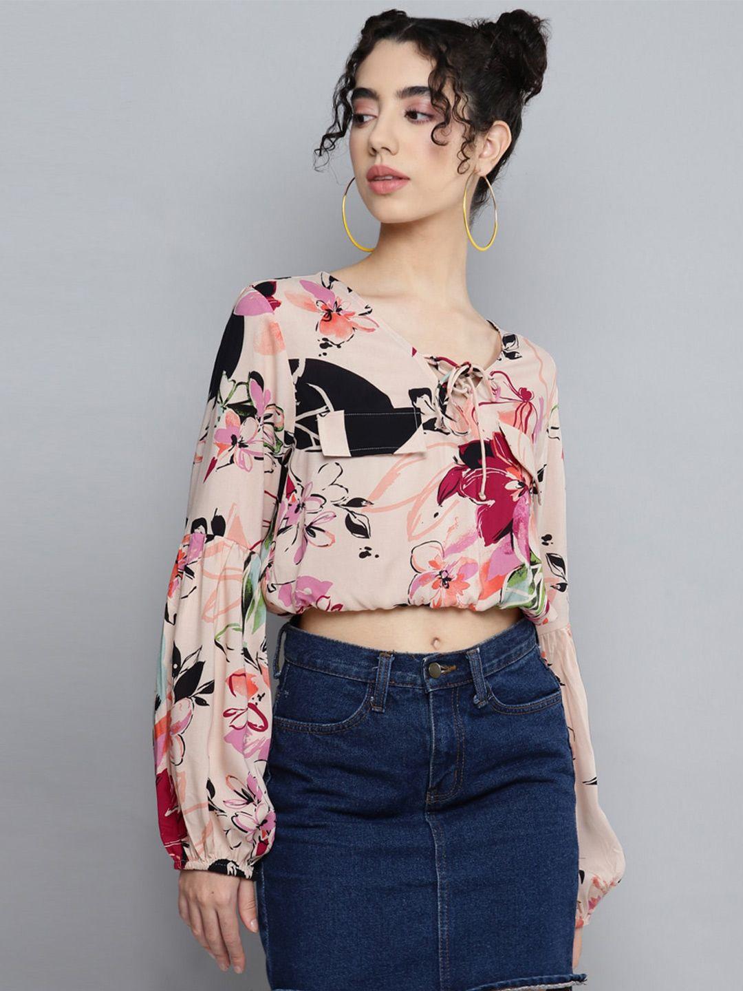 kook n keech floral printed puff sleeves blouson crop top