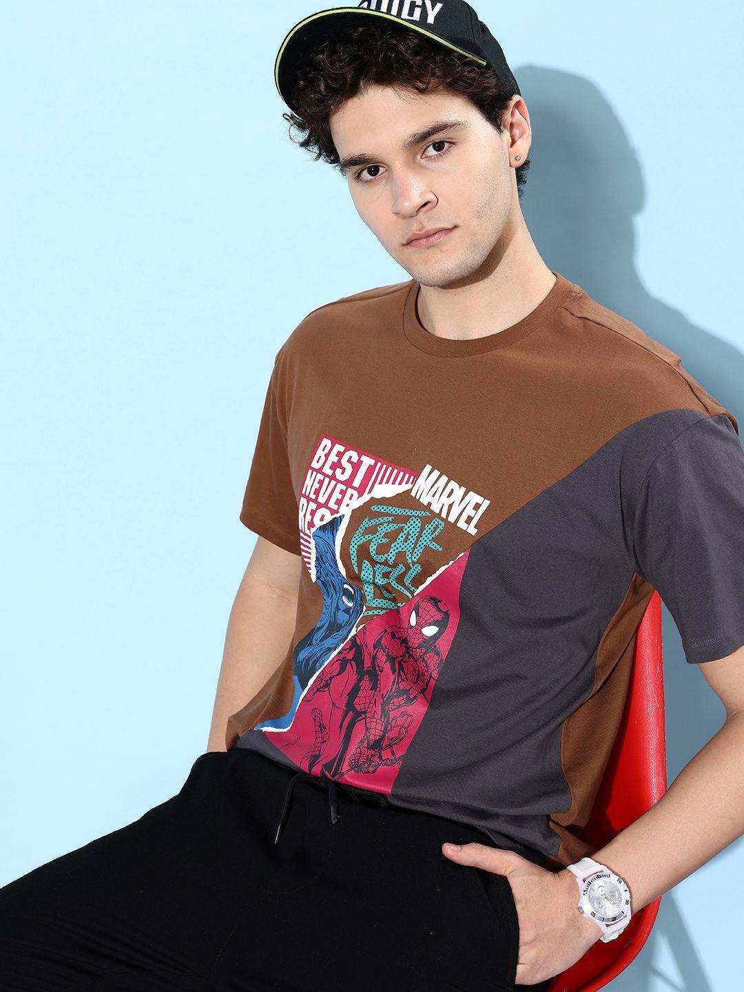 kook n keech marvel brown & grey colourblocked & marvel printed pop punk cotton t-shirt