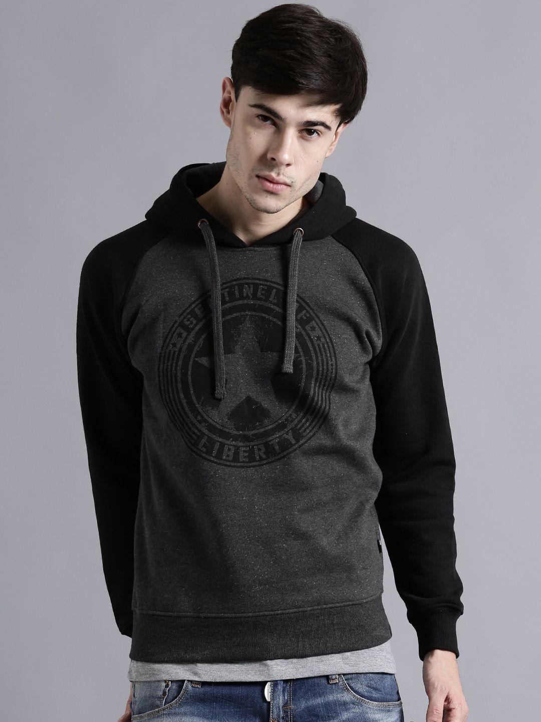 kook n keech marvel charcoal grey printed colourblocked hooded sweatshirt