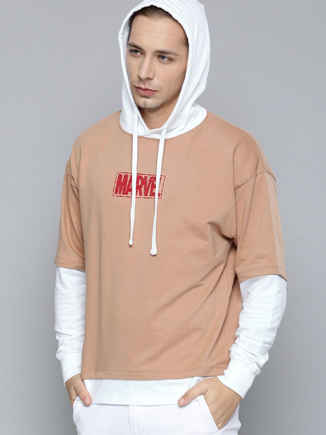 kook n keech marvel men beige & white marvel printed hooded sweatshirt