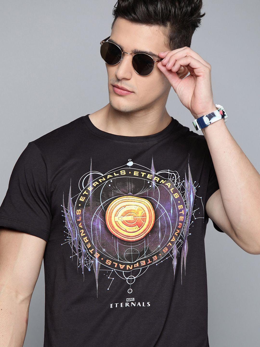 kook n keech marvel men black & yellow pure cotton eternals printed t-shirt