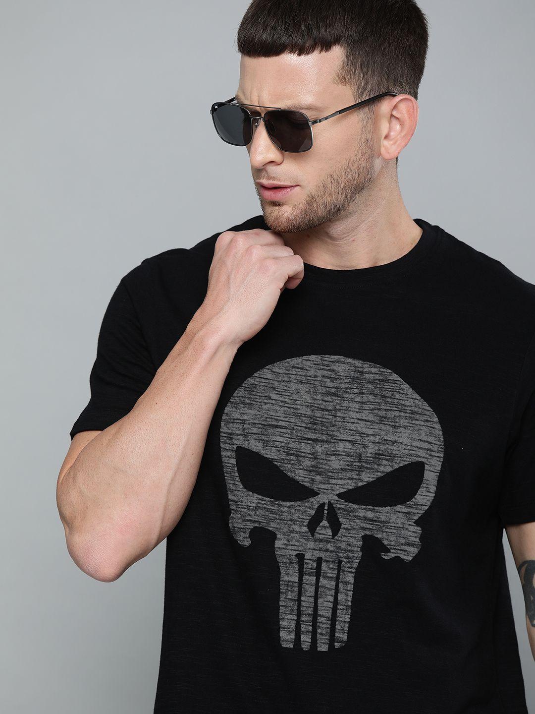 kook n keech marvel men black  charcoal grey cotton the punisher print round neck pure cotton relaxed t-shirt