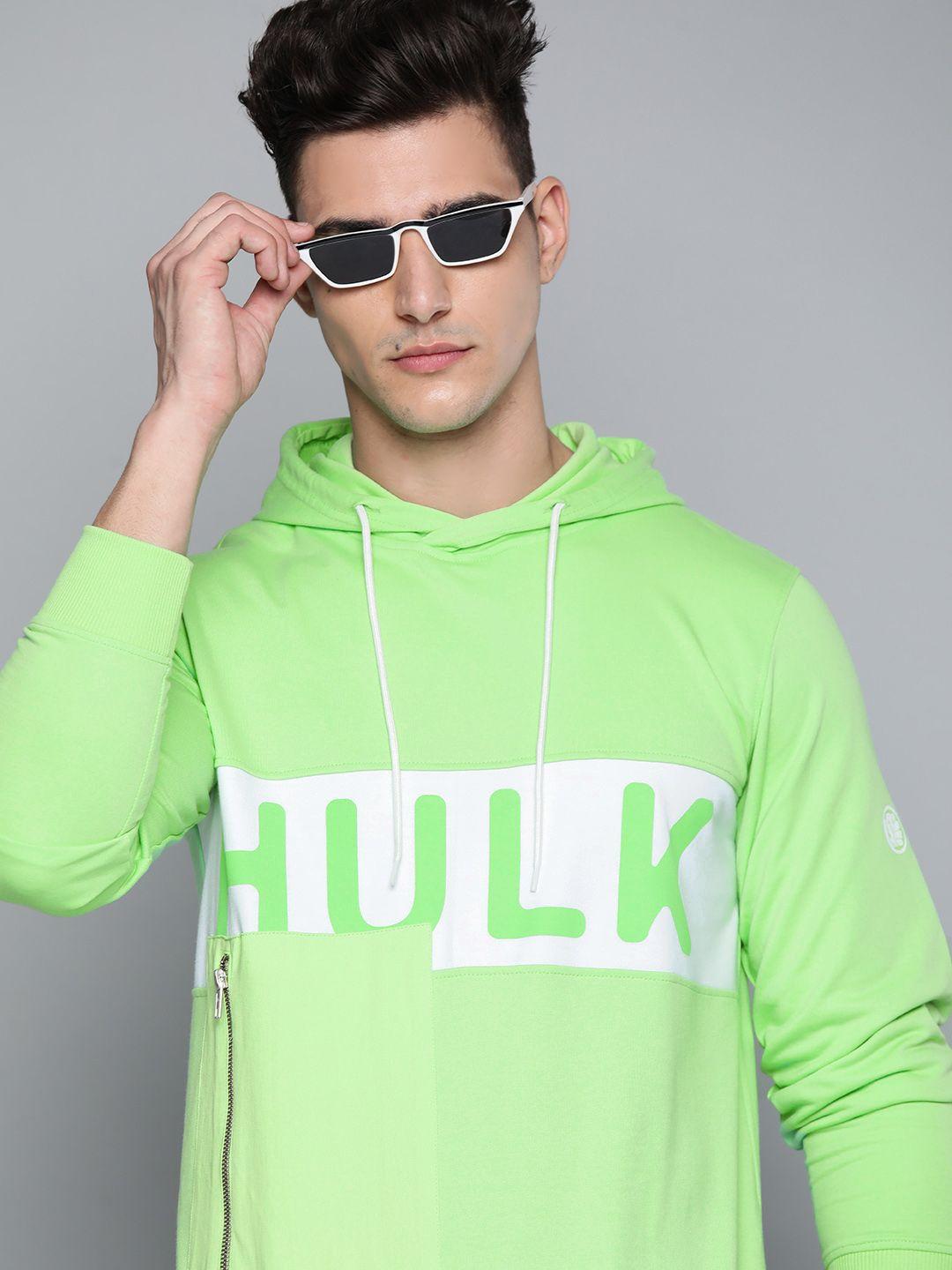 kook n keech marvel men green & white printed hooded sweatshirt