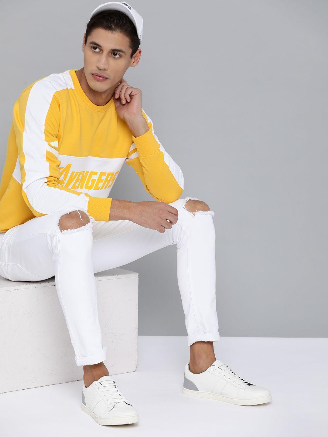 kook n keech marvel men mustard yellow & white printed sweatshirt