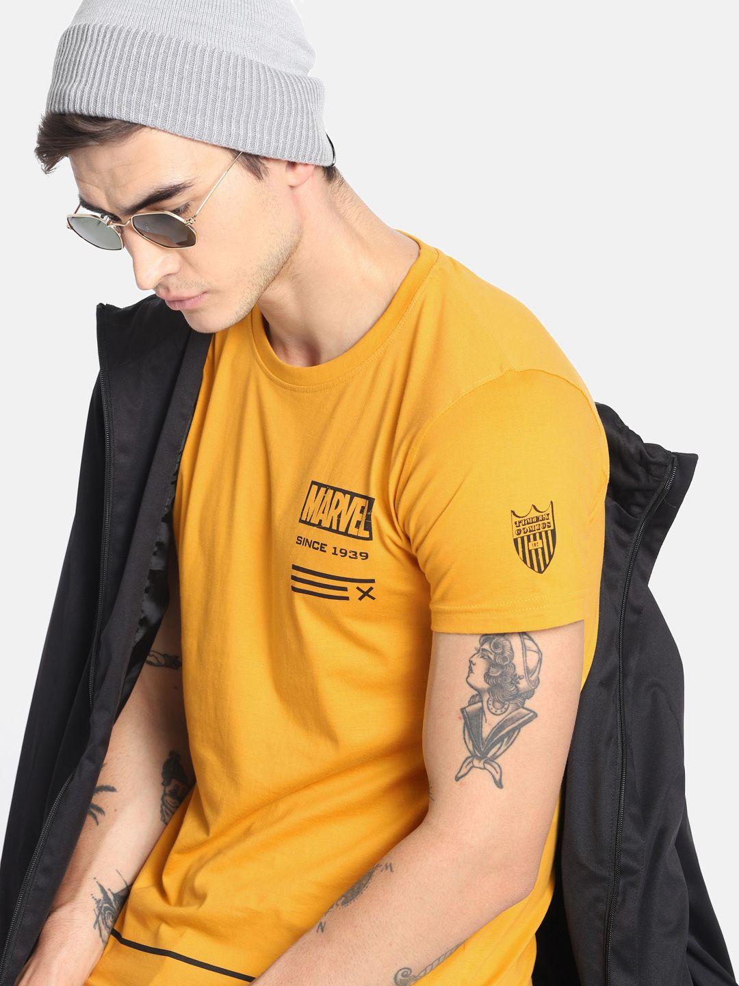 kook n keech marvel men mustard yellow solid round neck pure cotton t-shirt