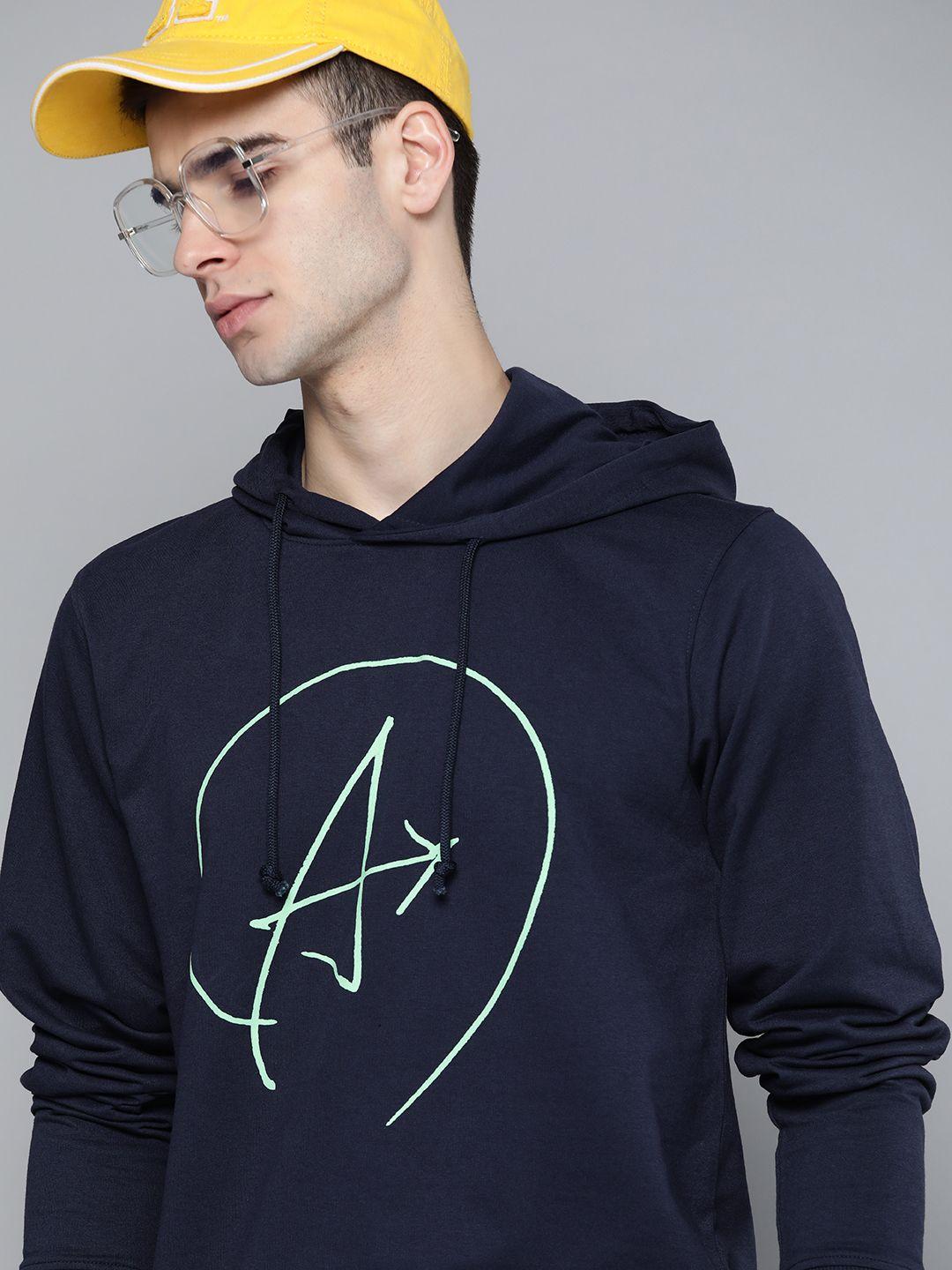 kook n keech marvel men navy blue  printed hooded sweatshirt