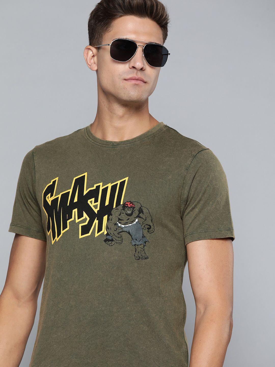 kook n keech marvel men olive green hulk printed pure cotton t-shirt