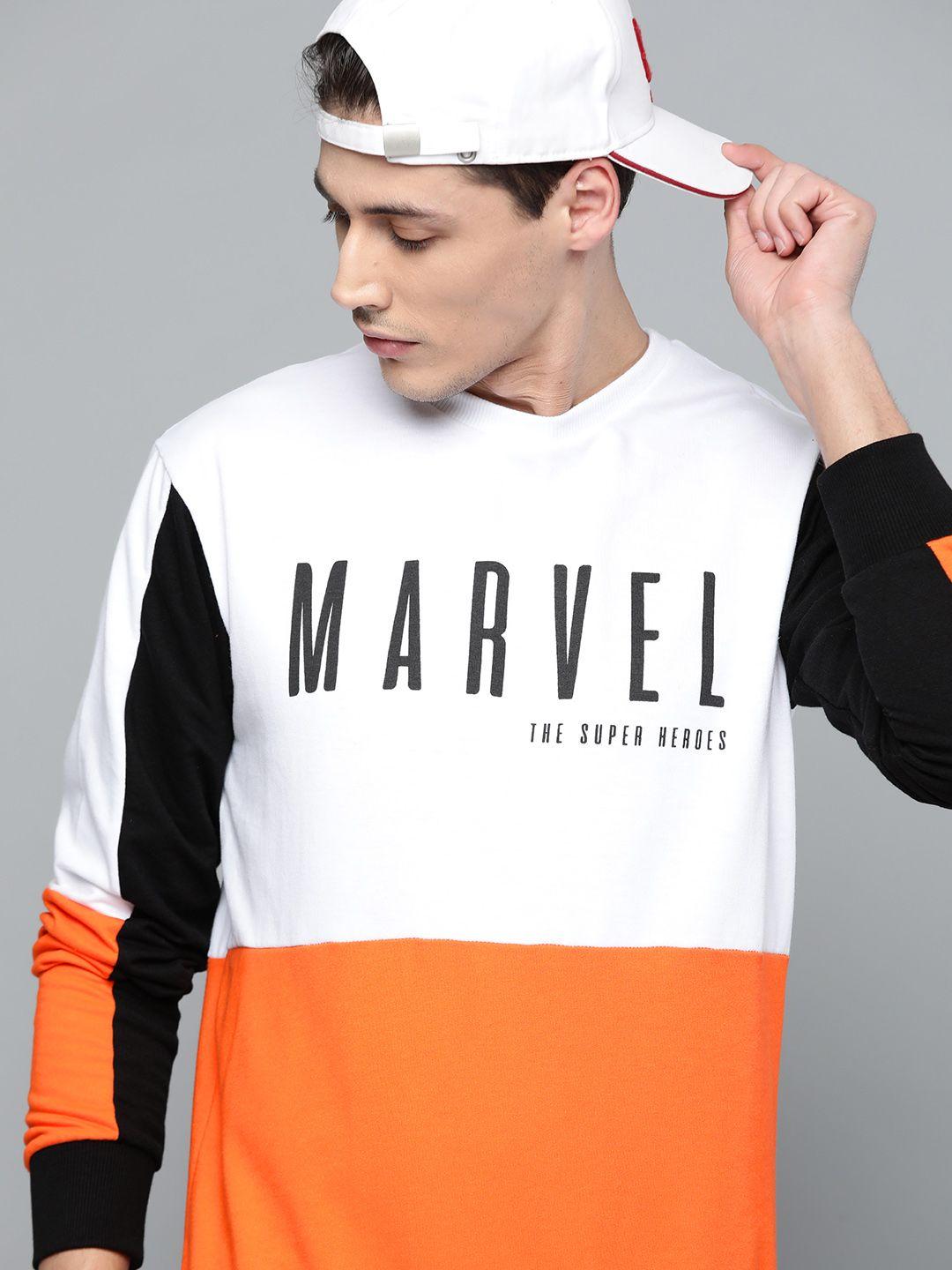 kook n keech marvel men orange & white colourblocked sweatshirt