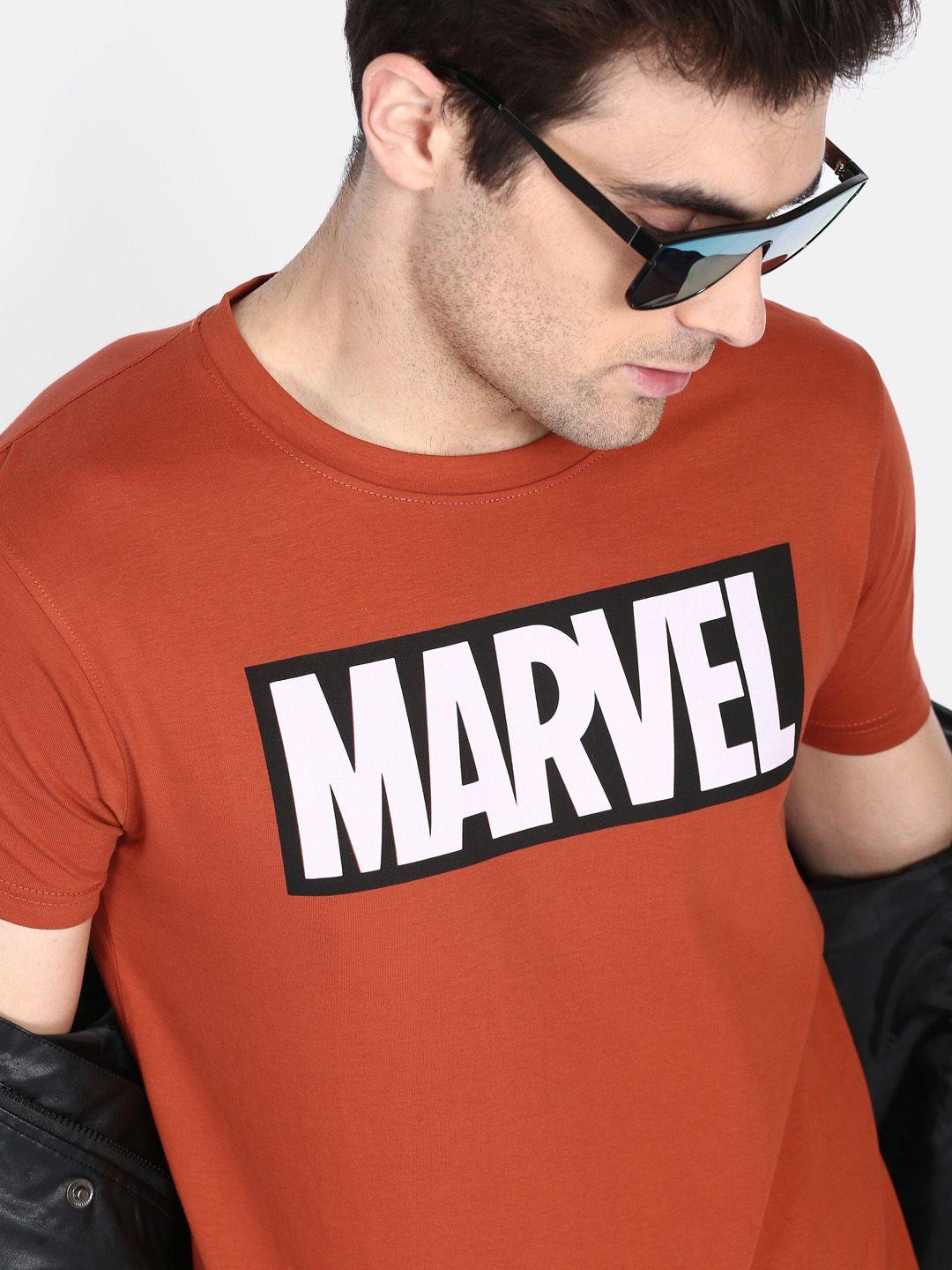 kook n keech marvel men rust orange  white printed round neck pure cotton t-shirt