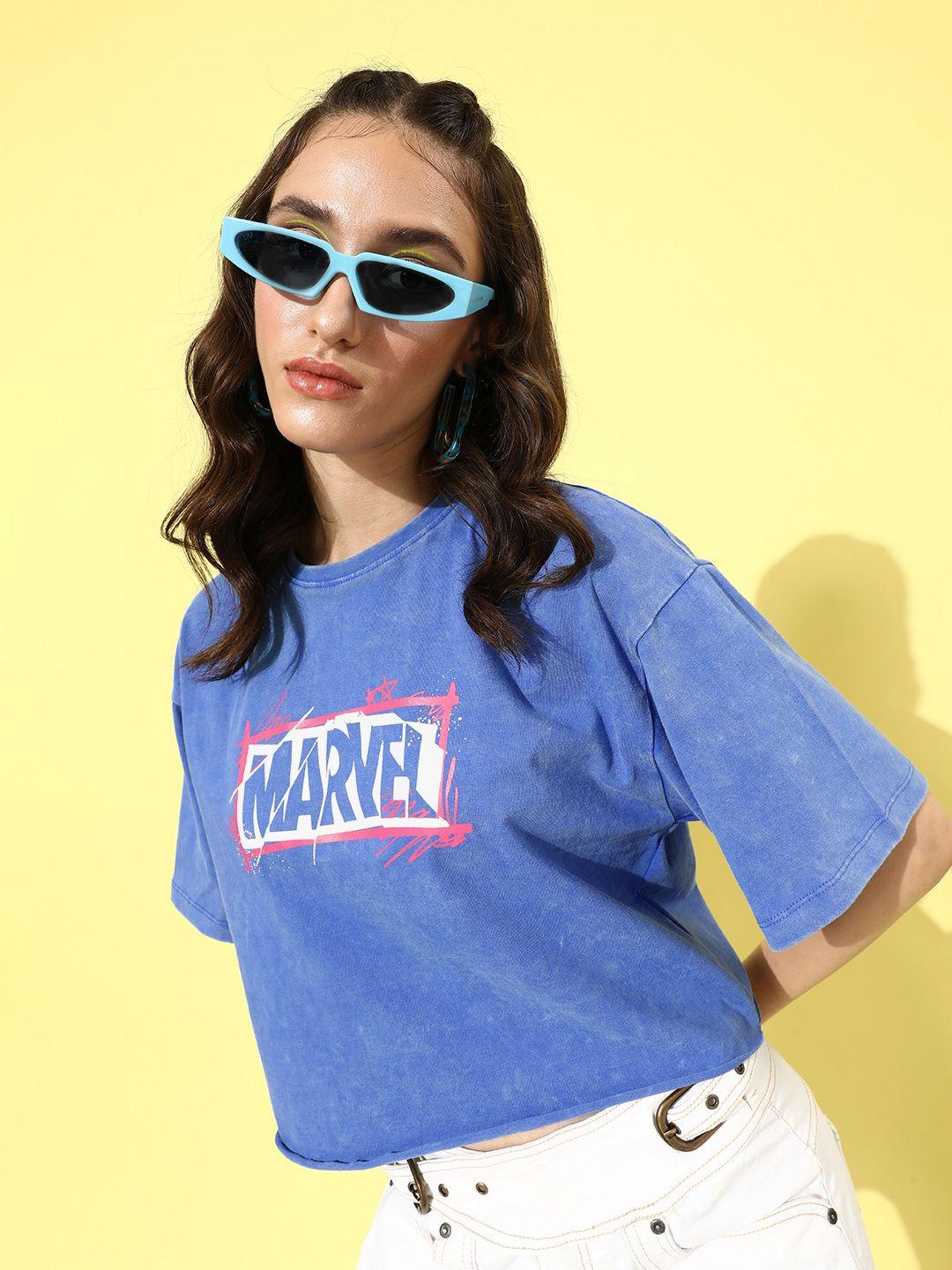 kook n keech marvel raw blue printed pure cotton graphic high boxy t-shirt