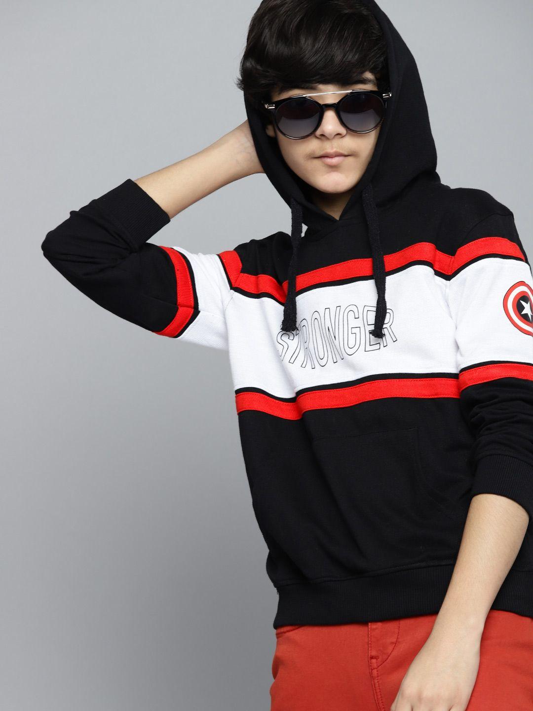 kook n keech marvel teens boys black & white colourblocked hooded sweatshirt