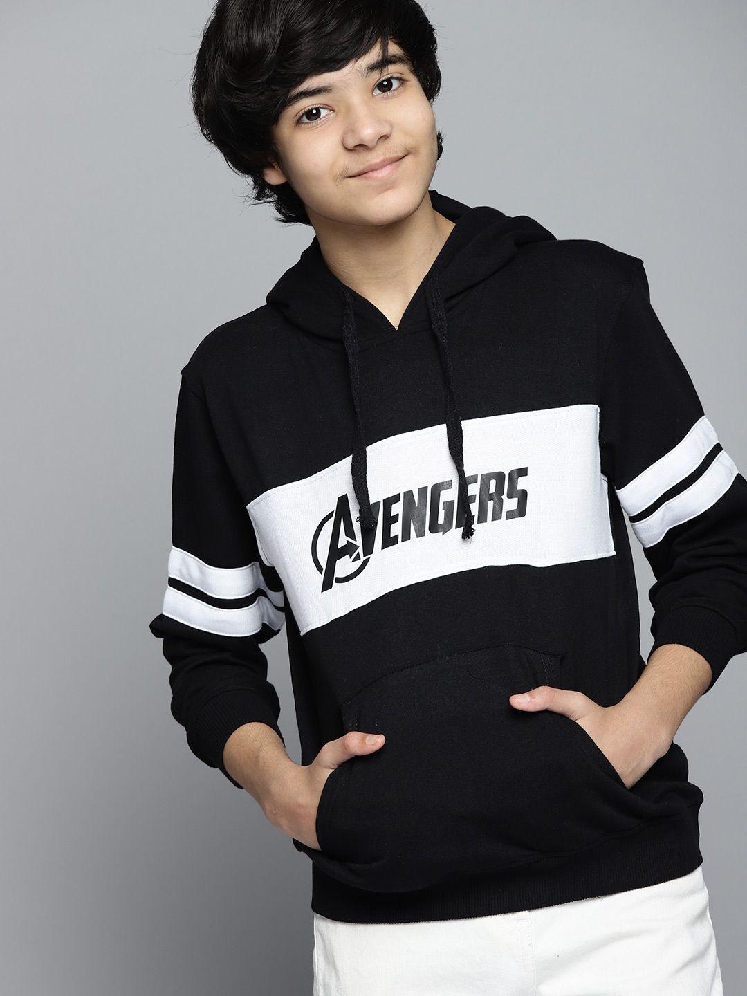 kook n keech marvel teens boys black & white colourblocked hooded sweatshirt