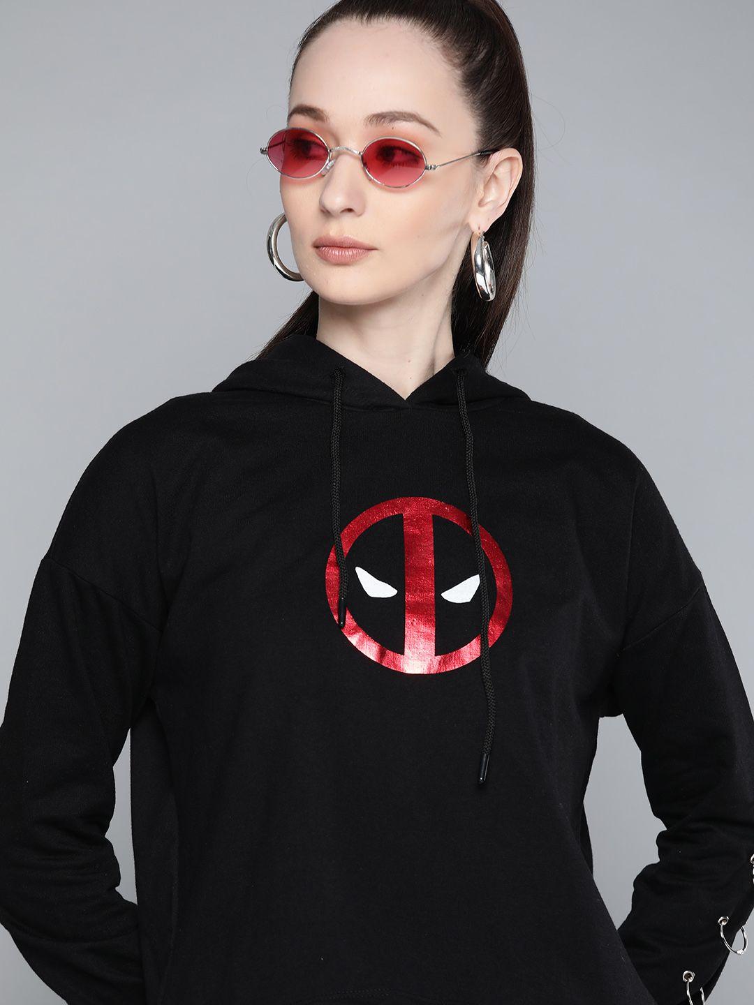 kook n keech marvel women black & red printed hooded sweatshirt