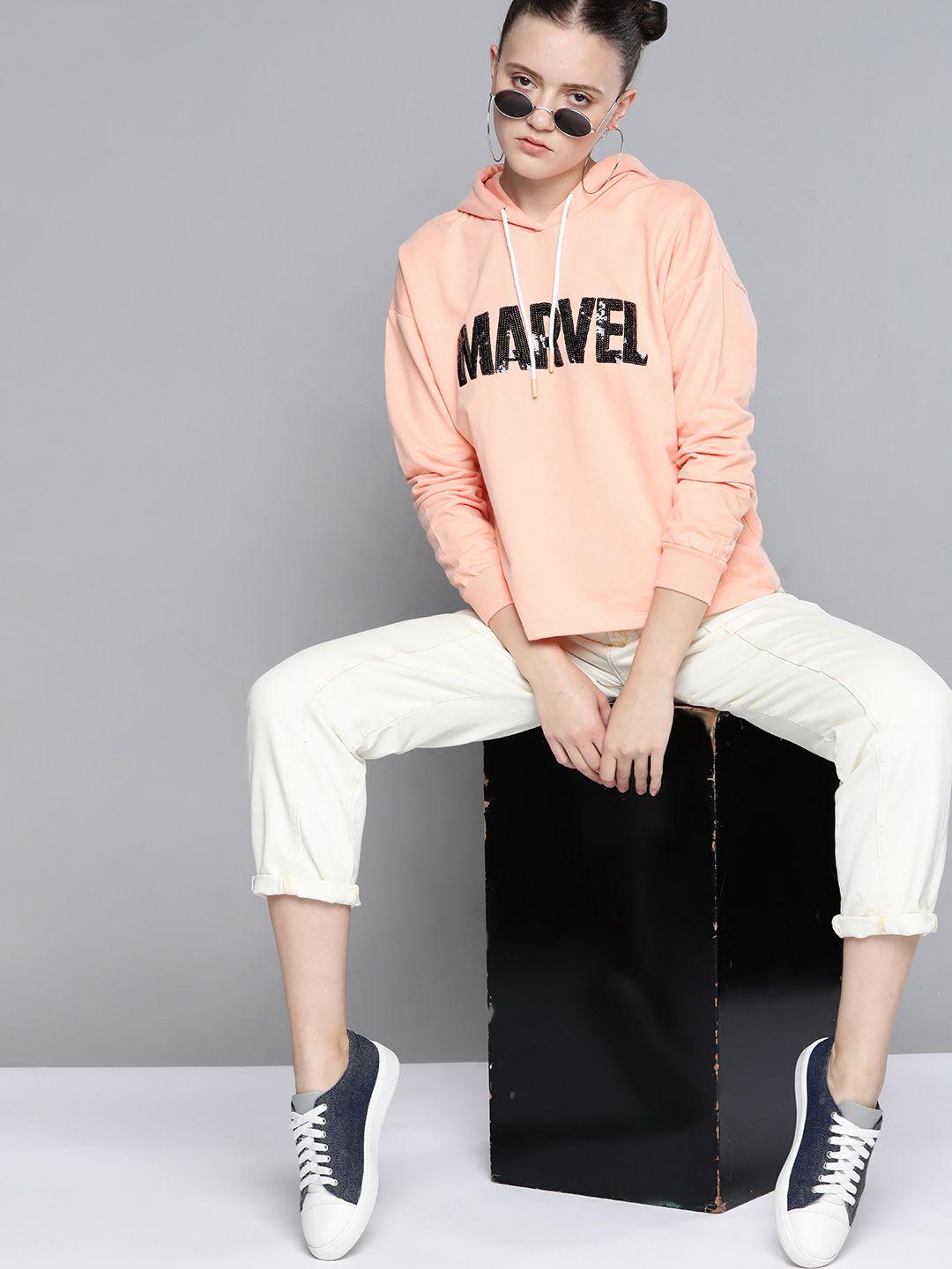 kook n keech marvel women peach-coloured sequinned hooded sweatshirt