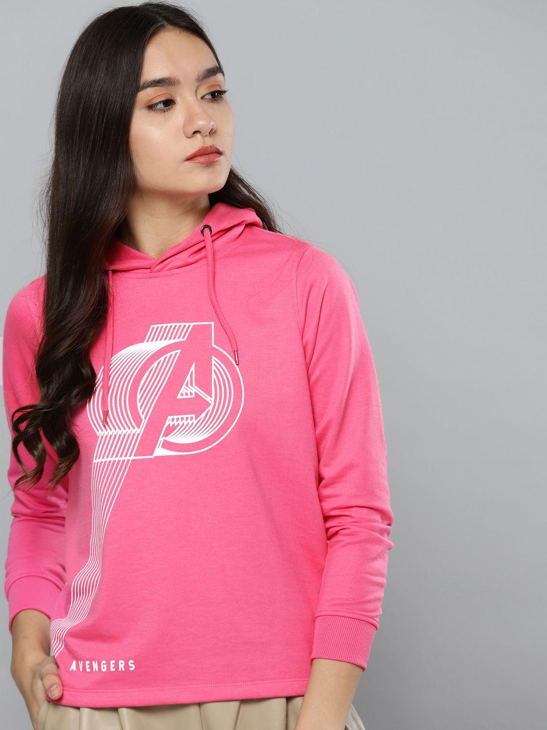 kook n keech marvel women pink & white printed hooded sweatshirt