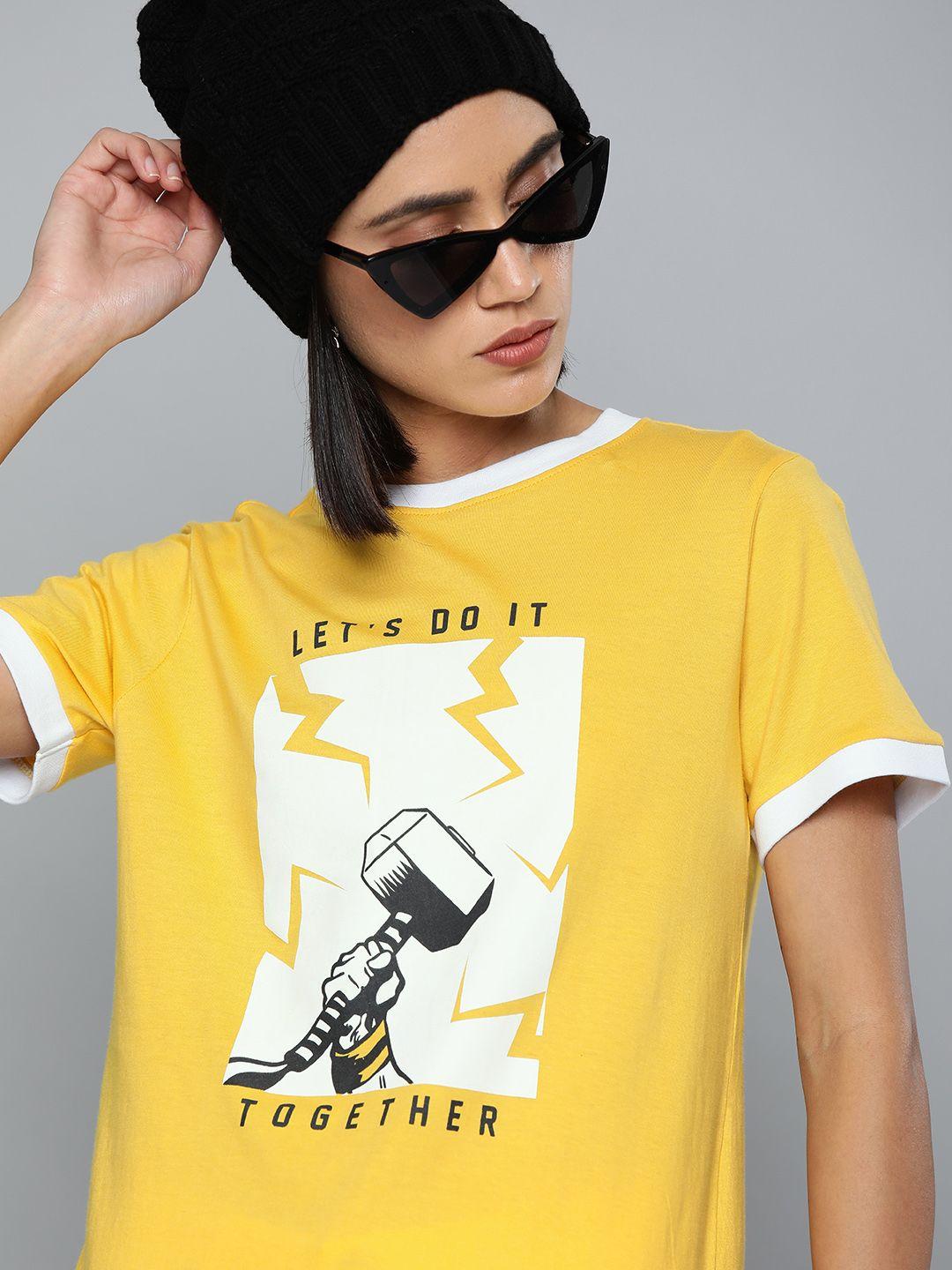 kook n keech marvel women yellow printed round neck t-shirt