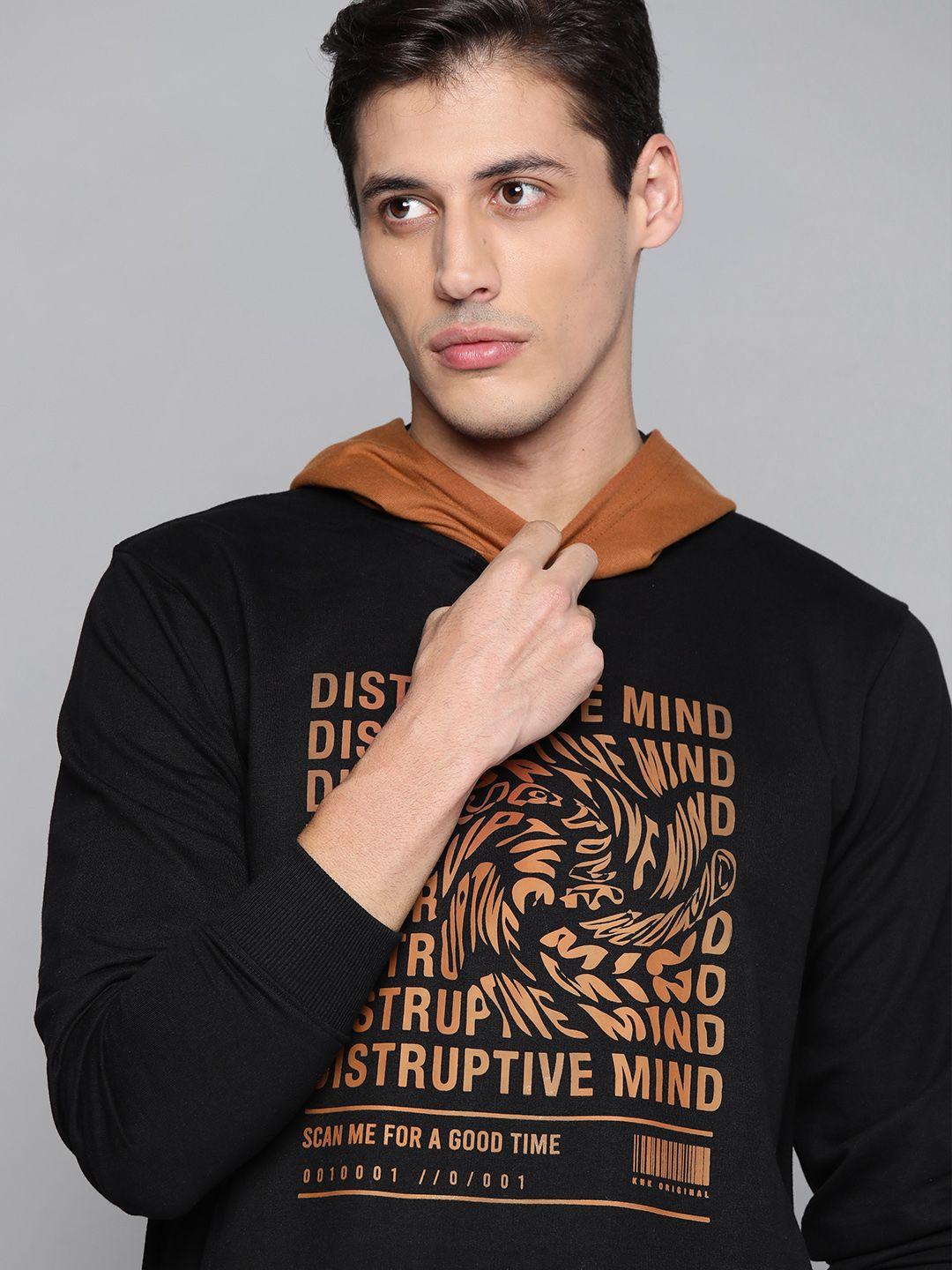 kook n keech men black & brown printed hooded sweatshirt