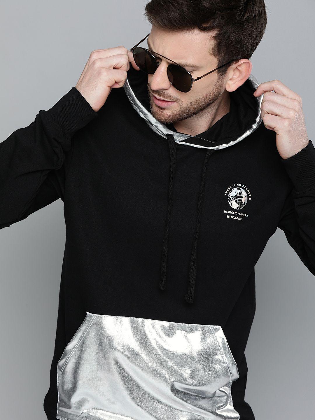 kook n keech men black & silver-toned colourblocked hooded sweatshirt