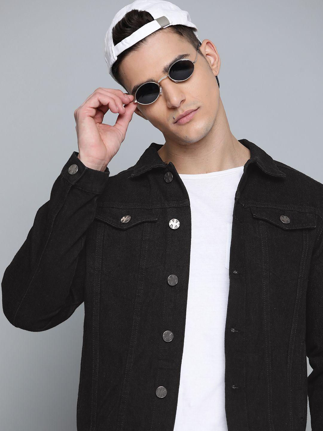 kook n keech men black cotton denim jacket