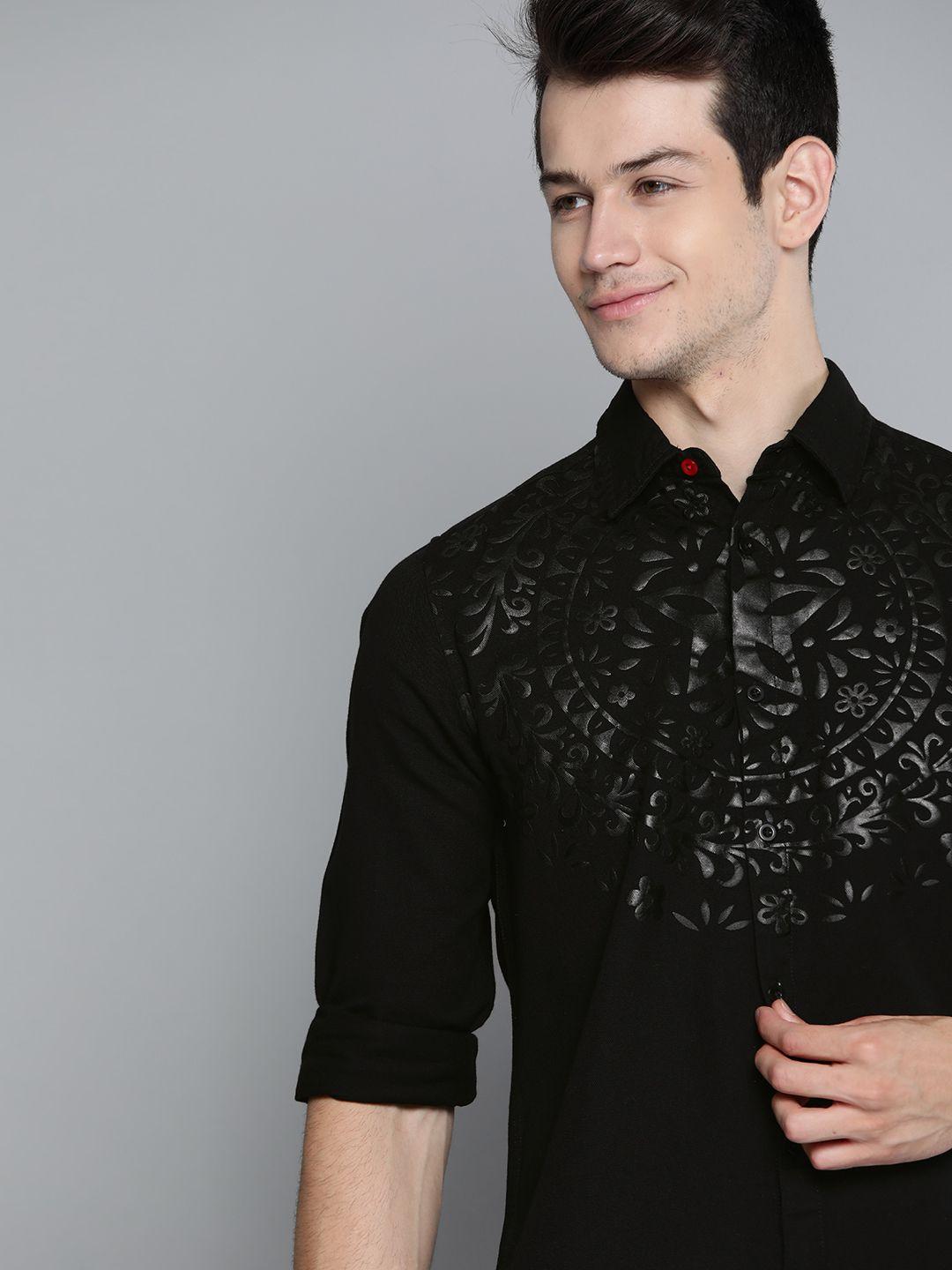 kook n keech men black pure cotton printed casual shirt