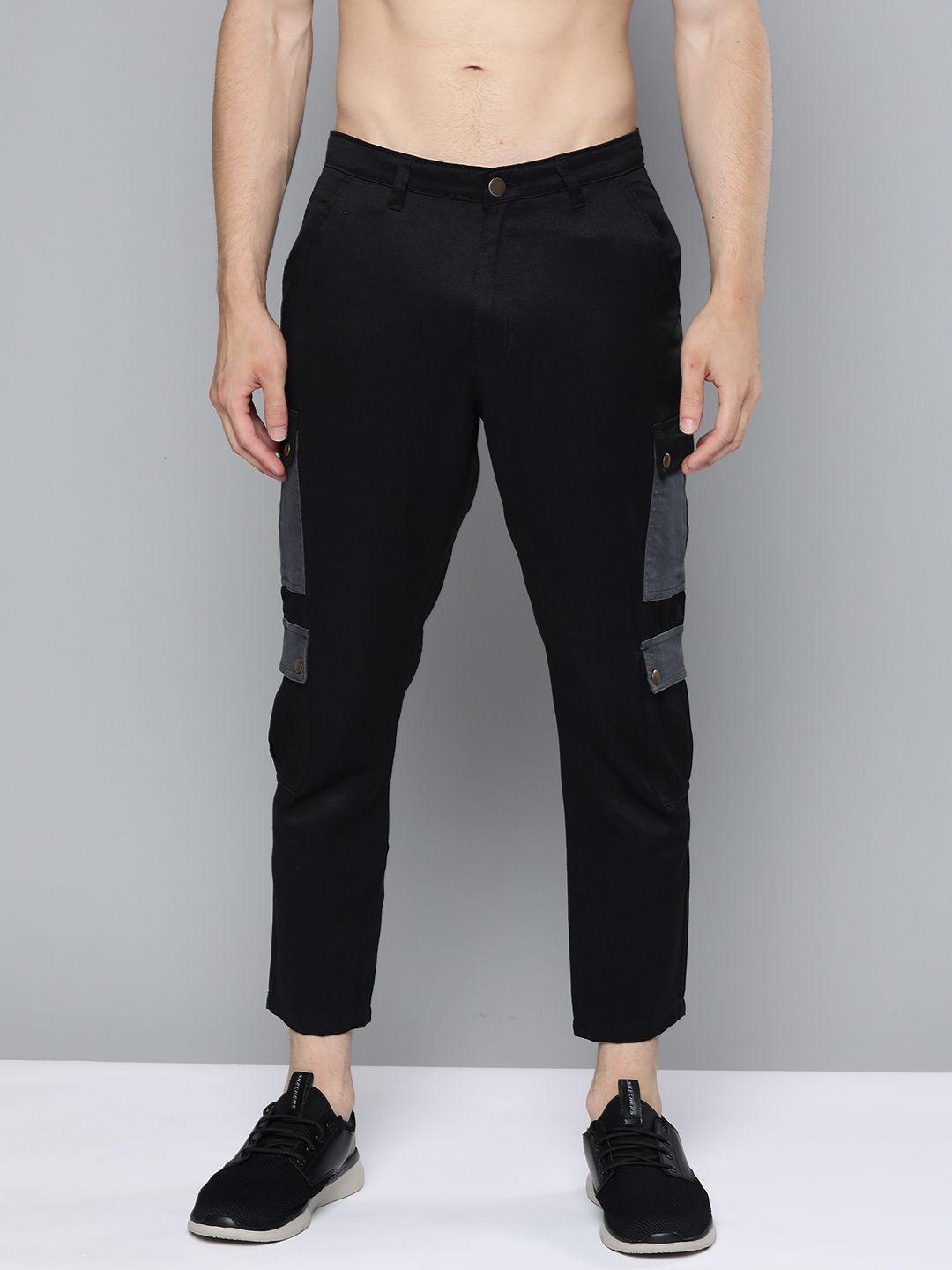 kook n keech men black regular fit solid crop cargos