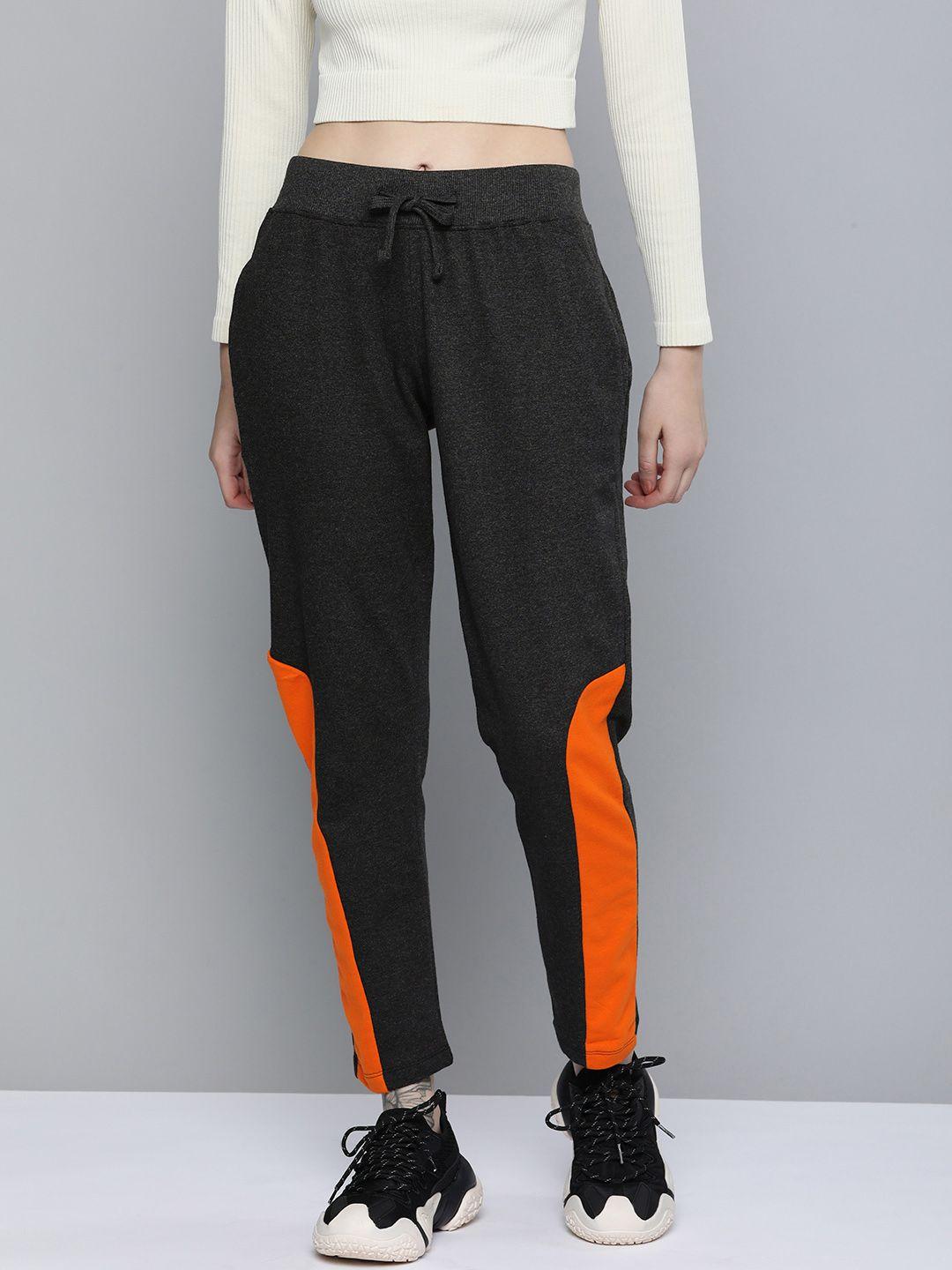 kook n keech men charcoal & orange colourblocked regular track pants