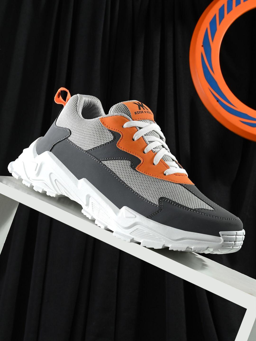 kook n keech men grey and orange colourblocked lightweight sneakers