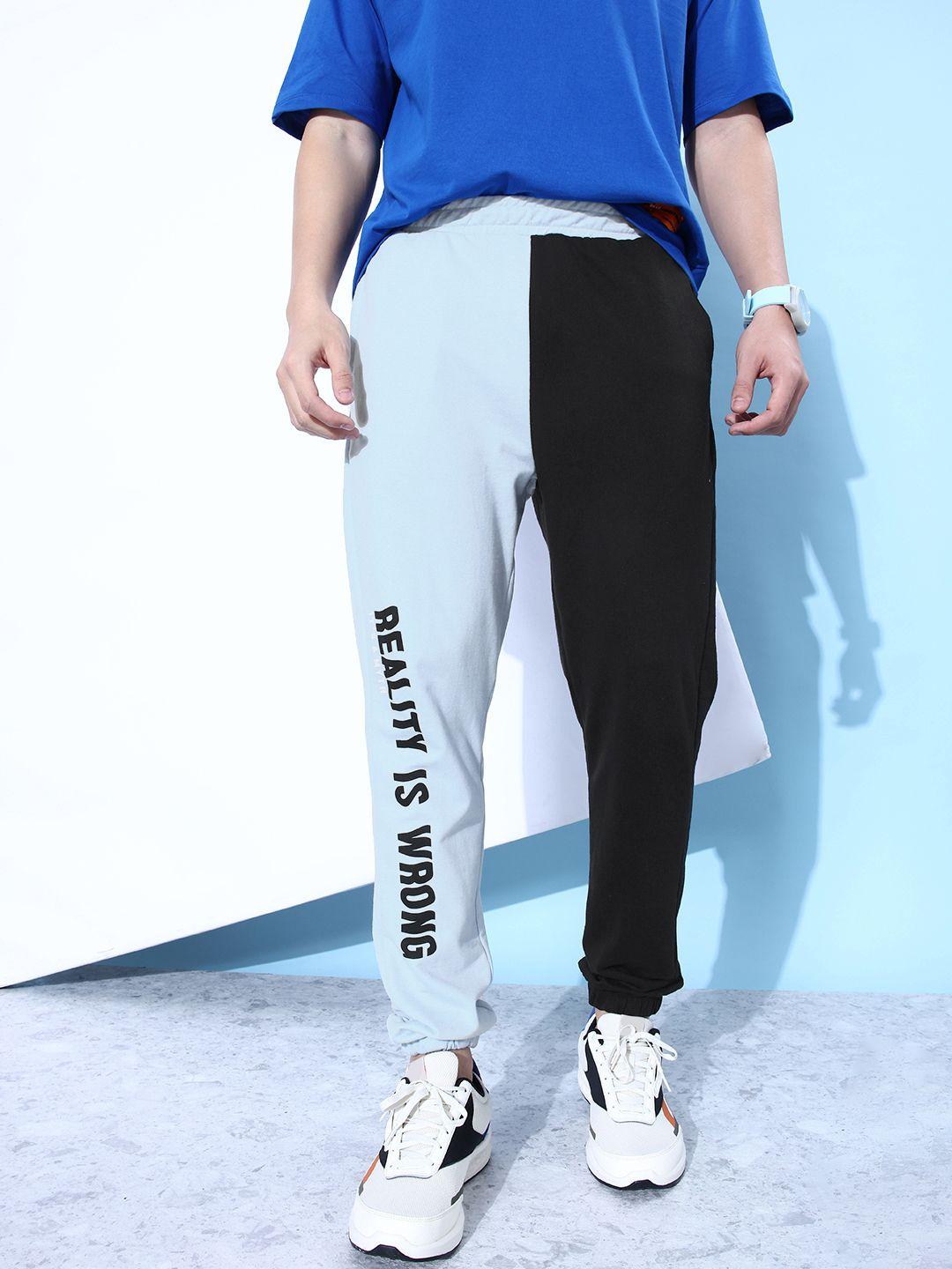 kook n keech men jet black & blue mid-rise dynamic blocking joggers