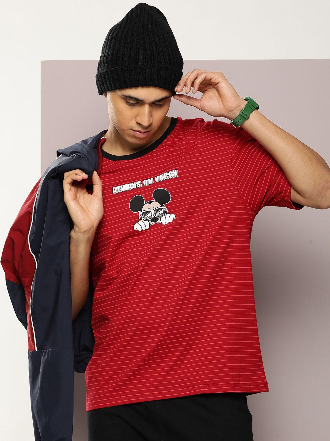kook n keech men mickey mouse striped drop-shoulder sleeves oversized pure cotton t-shirt