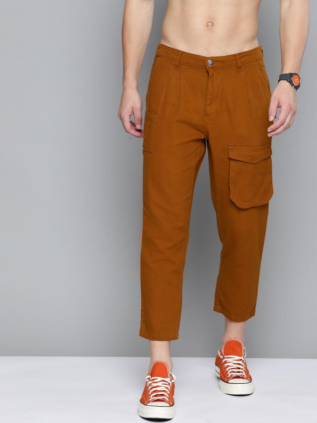 kook n keech men mustard brown solid pure cotton cargos trousers