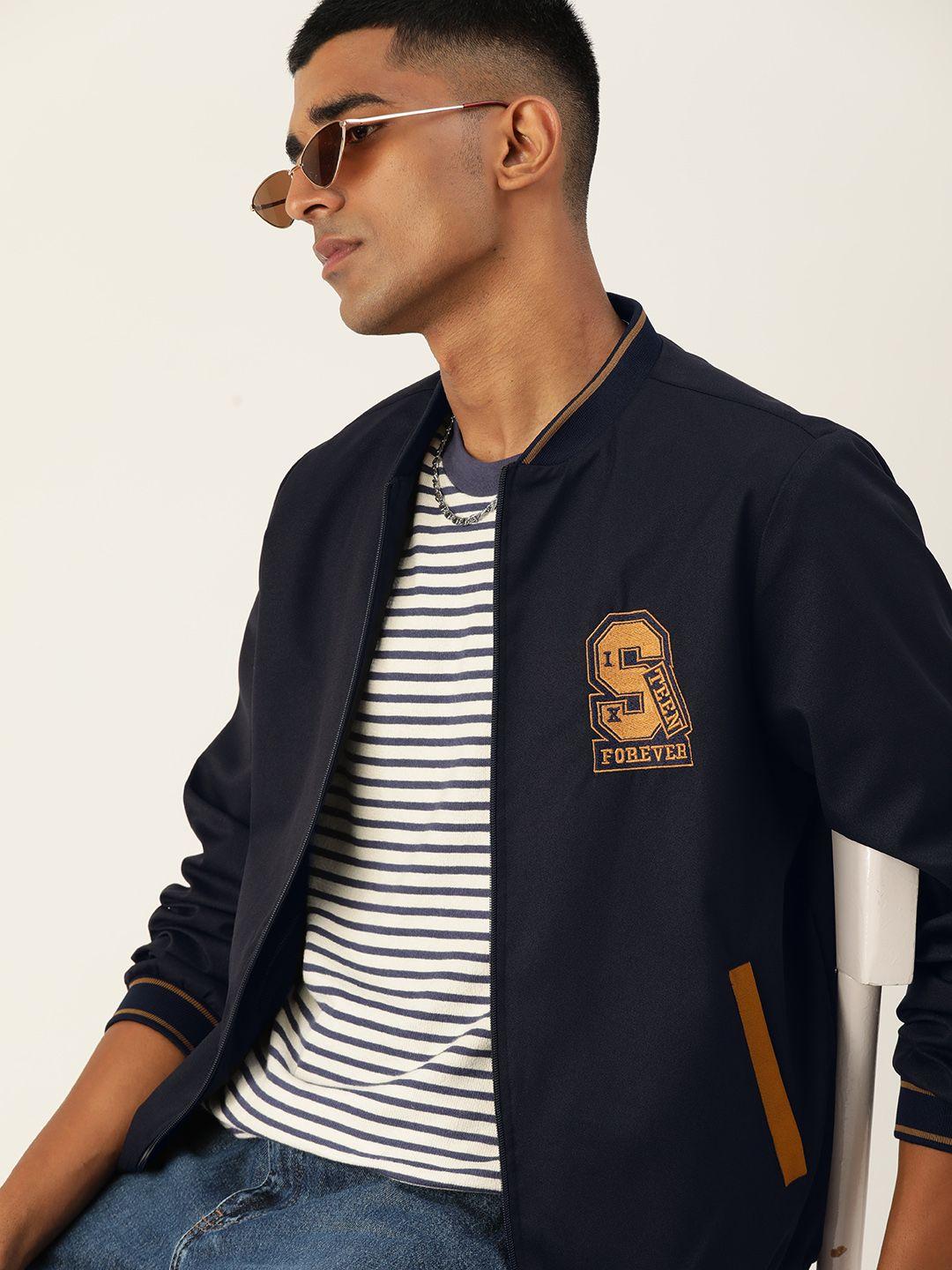 kook n keech men navy applique detail blue bomber jacket