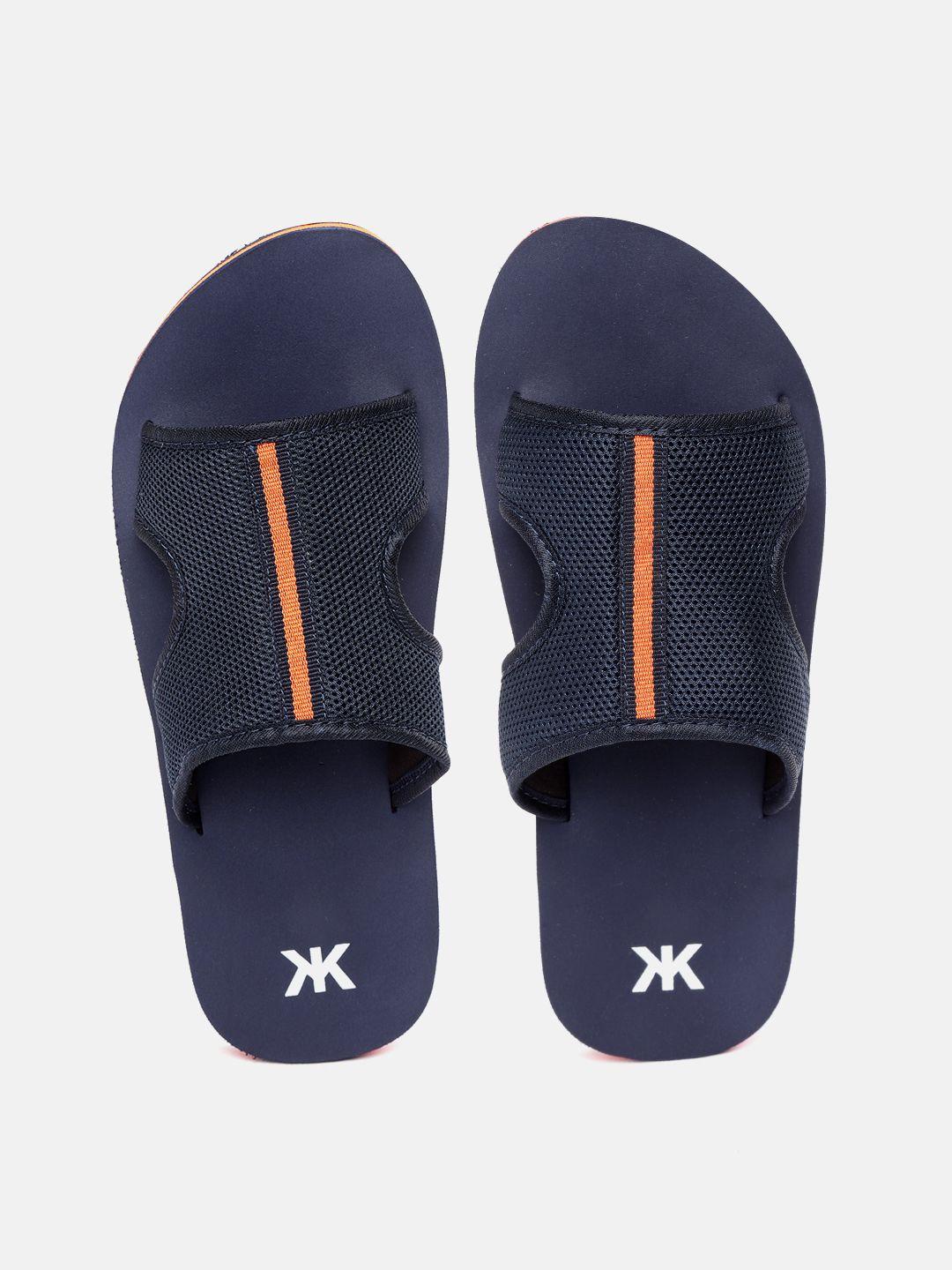 kook n keech men navy blue & orange self design sliders with cut out detail