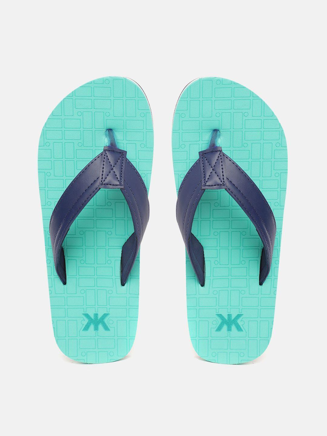 kook n keech men navy blue & sea green geometric print thong flip-flops