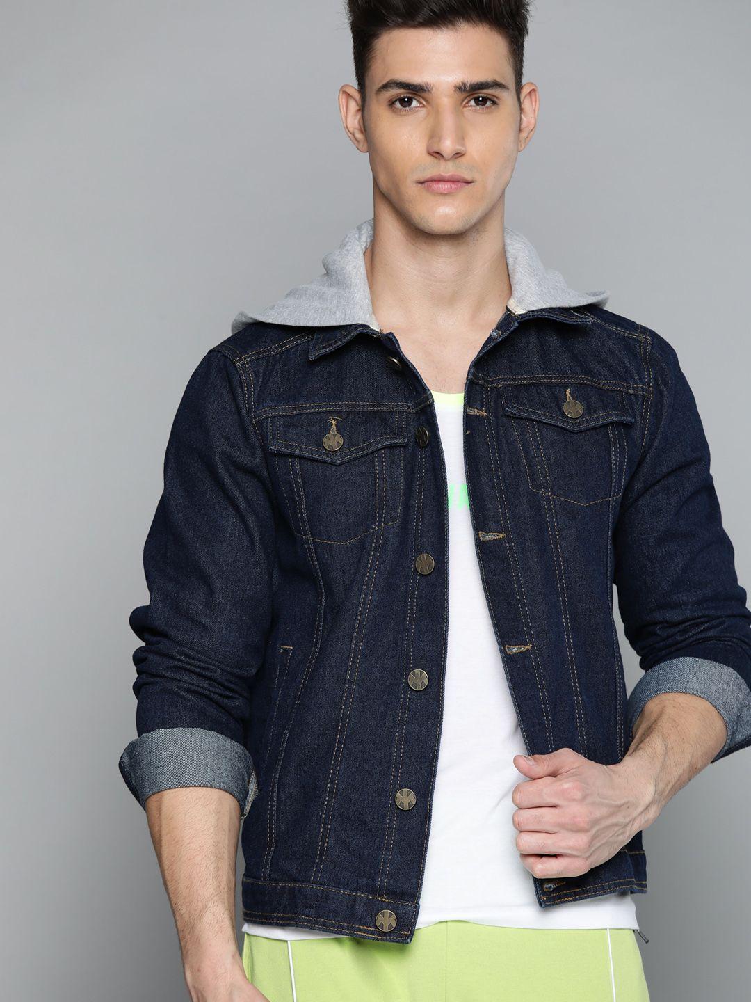 kook n keech men navy blue solid pure cotton denim jacket