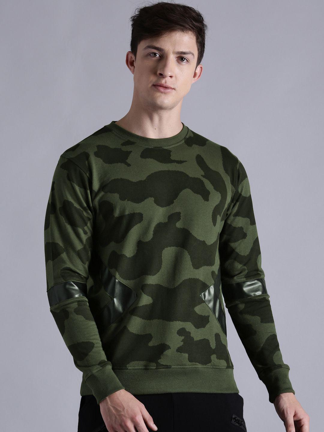 kook n keech men olive green & black camouflage print sweatshirt