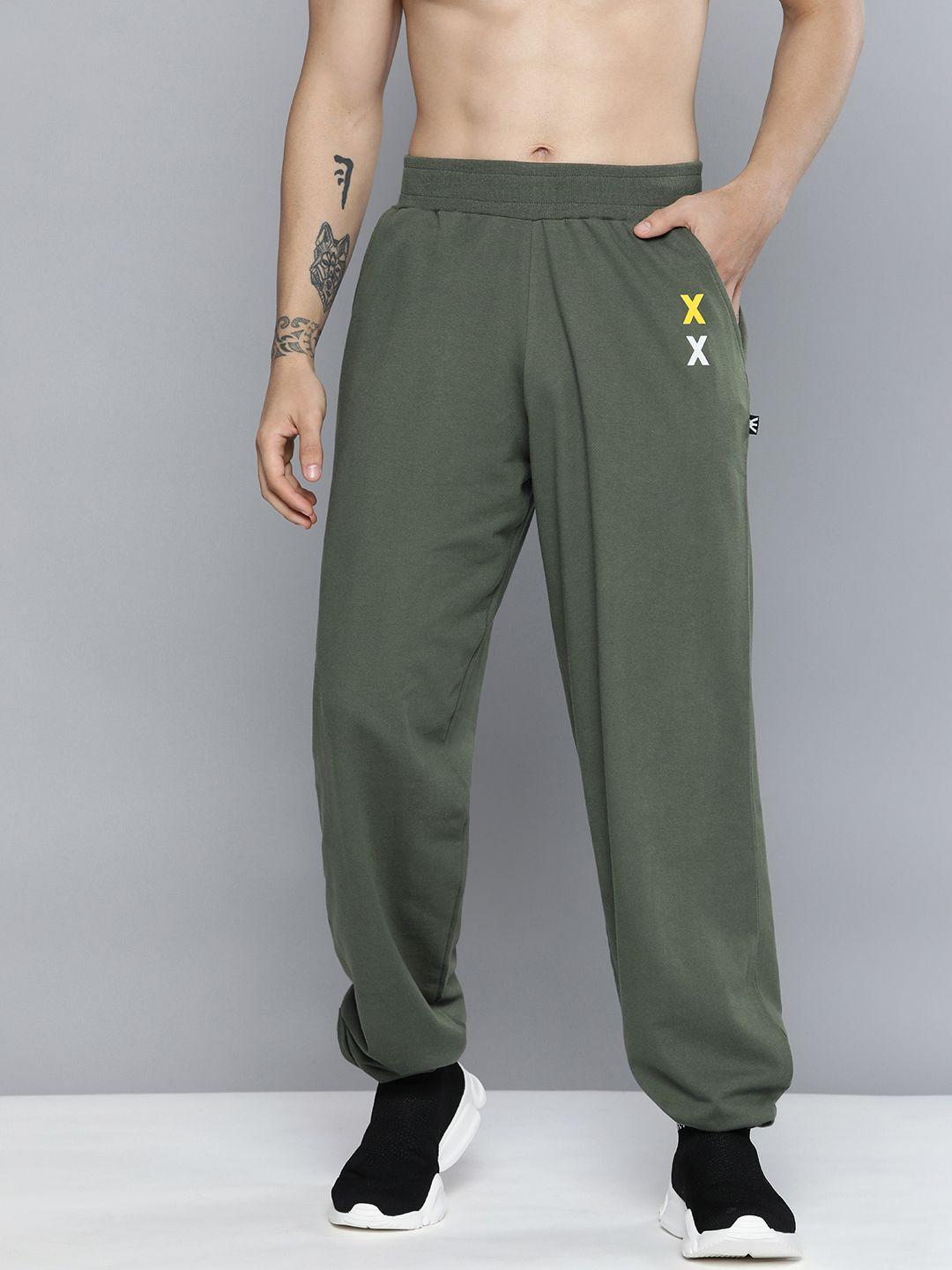 kook n keech men olive green brand logo printed pure cotton mid-rise regular joggers