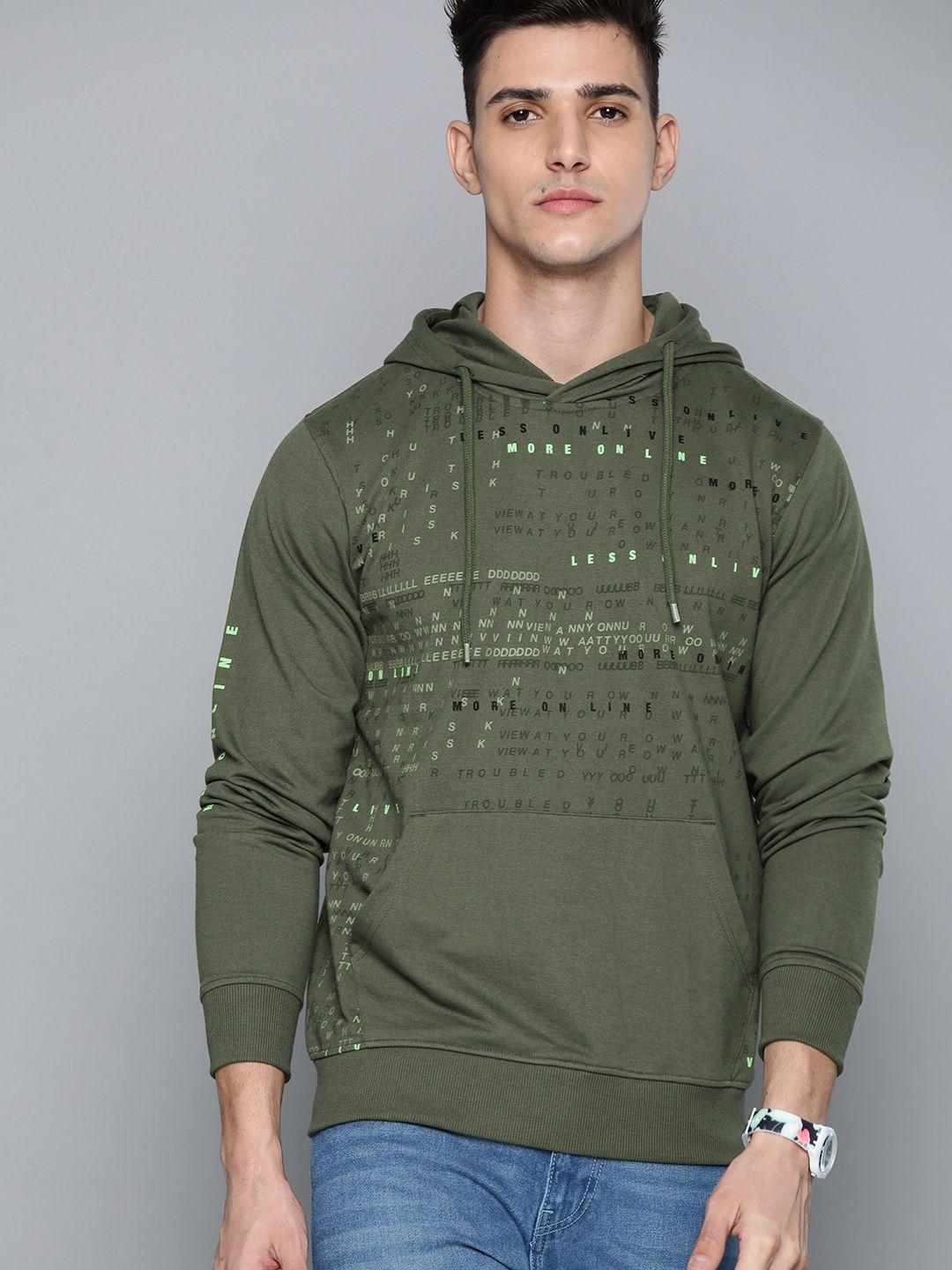 kook n keech men olive green printed hooded sweatshirt